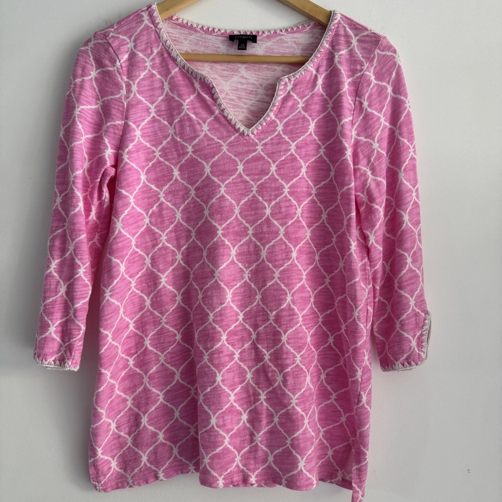 TALBOTS GEOMETRIC WINDOW PANE PINK WHITE TUNIC WOMENS‎ SZ XS